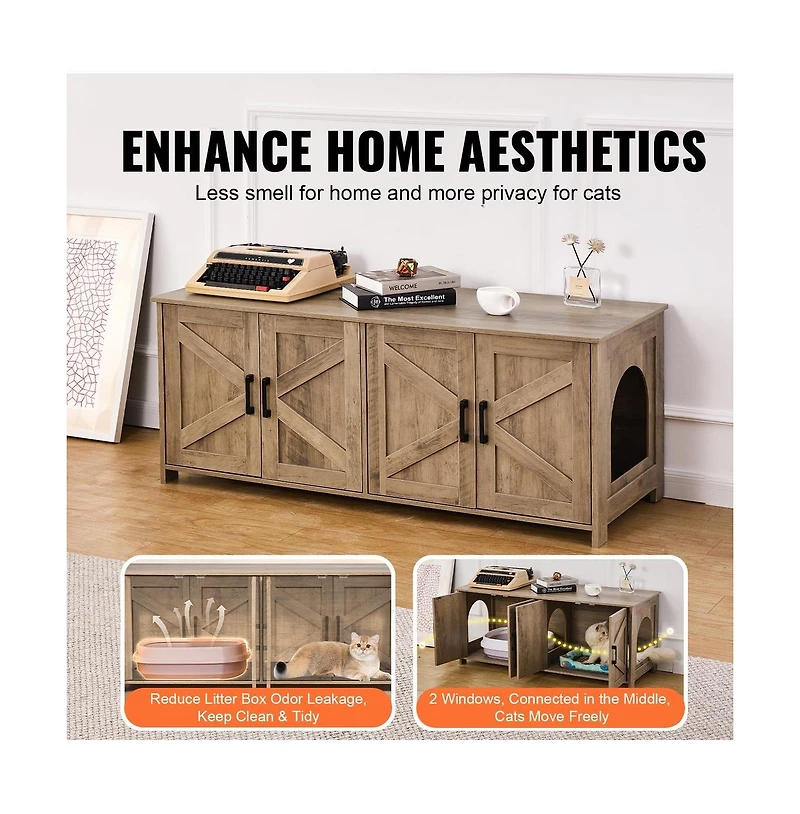 Sugift Cat Litter Box Enclosure for 2 Cats Litter Box Furniture Hidden with Double Rooms Wooden