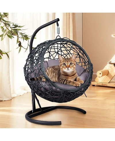 6thdruple Indoor Cat House Swing Bed, Gray Rattan Egg Chair with Cushion, for Cats and Small Pets