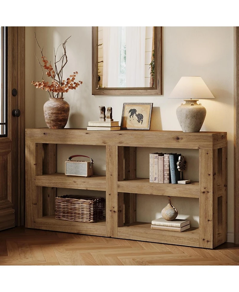 Tribesigns Solid Wood Console Table with Storage, 63" Entryway Table with 4 Cubes, Farmhouse 3-Tier Console