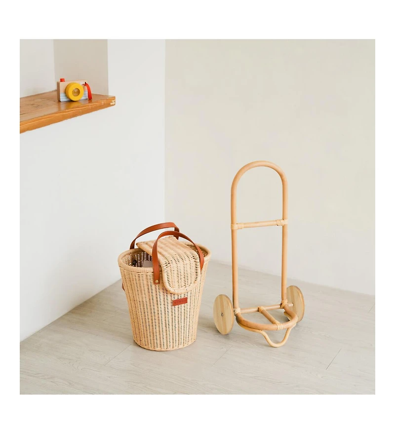 Momiji Eric Handcrafted Rattan Shopping Trolley with detachable Tote Bag and Wooden Wheels - Wicker