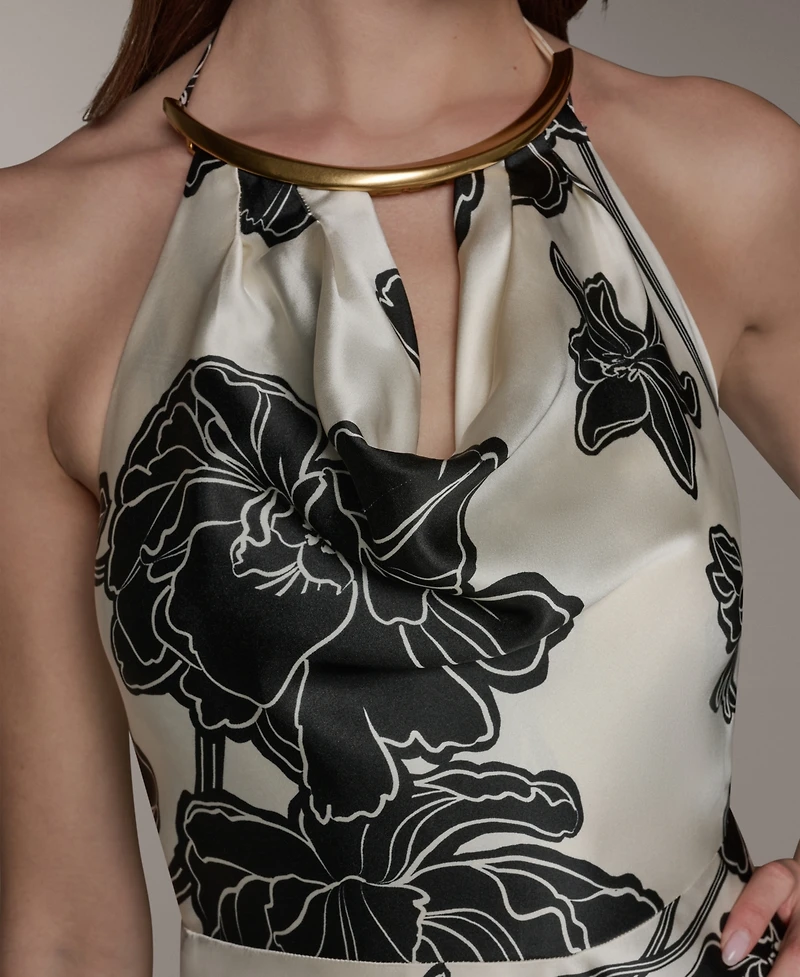 Donna Karan New York Women's Cowl Neck Halter Floral A-Line Sleeveless Midi Dress