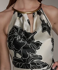 Donna Karan New York Women's Cowl Neck Halter Floral A-Line Sleeveless Midi Dress