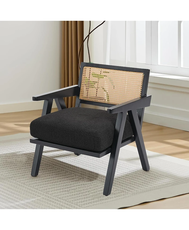 gaomon Wood Accent Chair with Rattan Backrest and Linen Cushion
