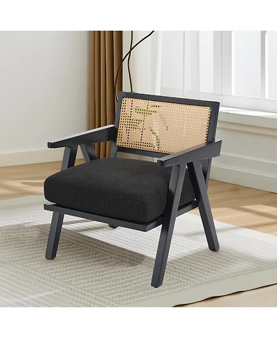 gaomon Wood Accent Chair with Rattan Backrest and Linen Cushion