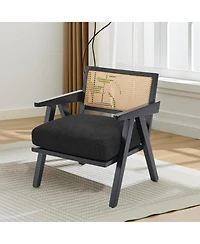 gaomon Wood Accent Chair with Rattan Backrest and Linen Cushion