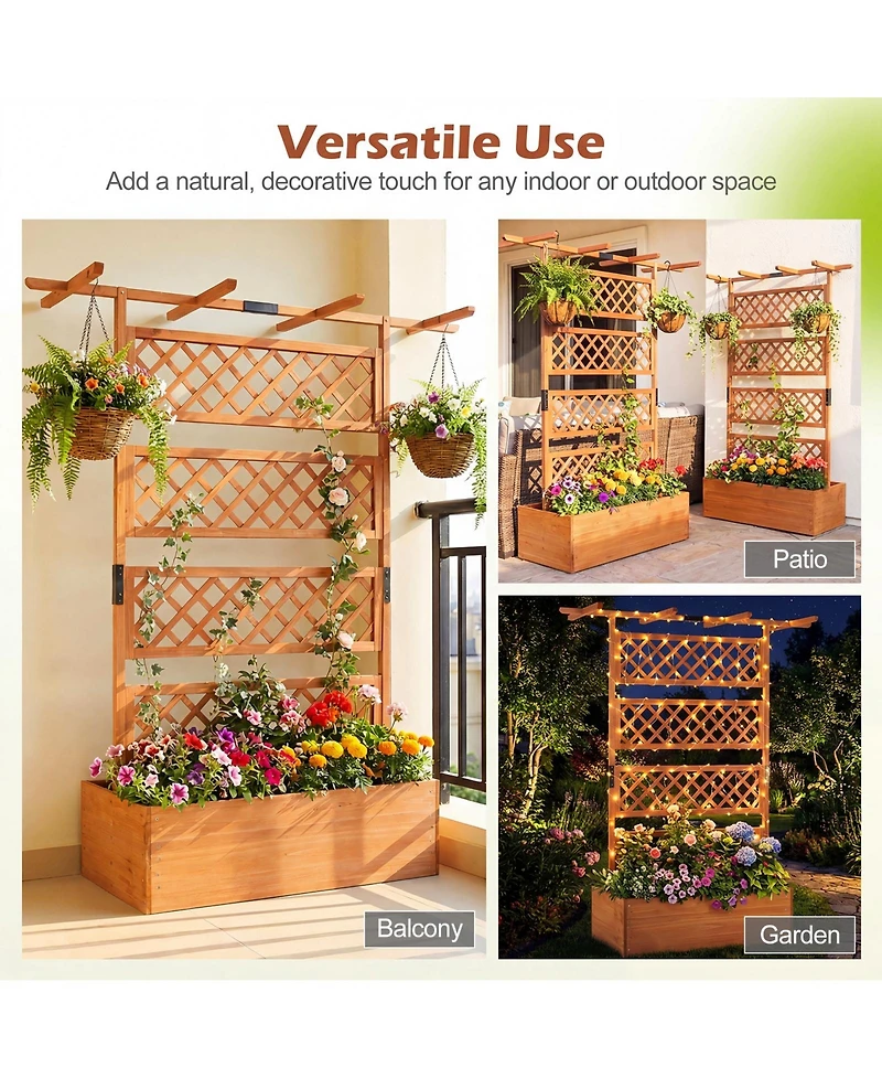 Gymax Wooden Planter Box w/Lattice Trellis Flat Roof Drainage for Climbing Plant
