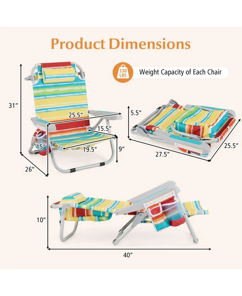 Sugift Foldable Backpack Beach Chair Set of 2 with Cup Holder and Storage Pockets