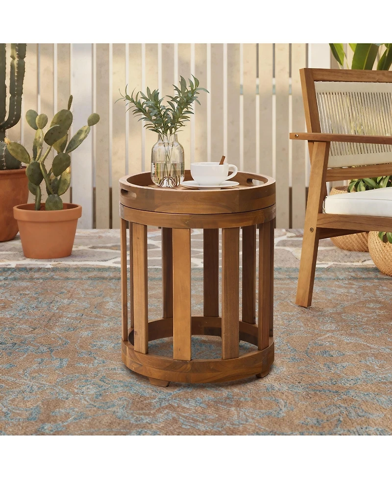 LuxenHome Acacia Outdoor Drum Side Table, Round Patio Table with Removable Tray Top and Oil Finish
