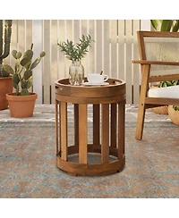 LuxenHome Acacia Outdoor Drum Side Table, Round Patio Table with Removable Tray Top and Oil Finish