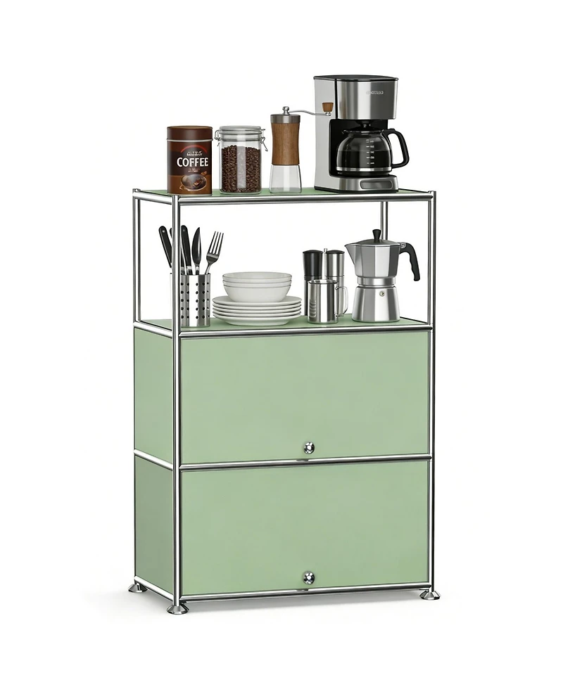 3 Tier Modular Metal Sideboard Storage Cabinet, Modern Grid-Style, for Dining Room, Living Room or Office, Green