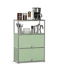 3 Tier Modular Metal Sideboard Storage Cabinet, Modern Grid-Style, for Dining Room, Living Room or Office, Green