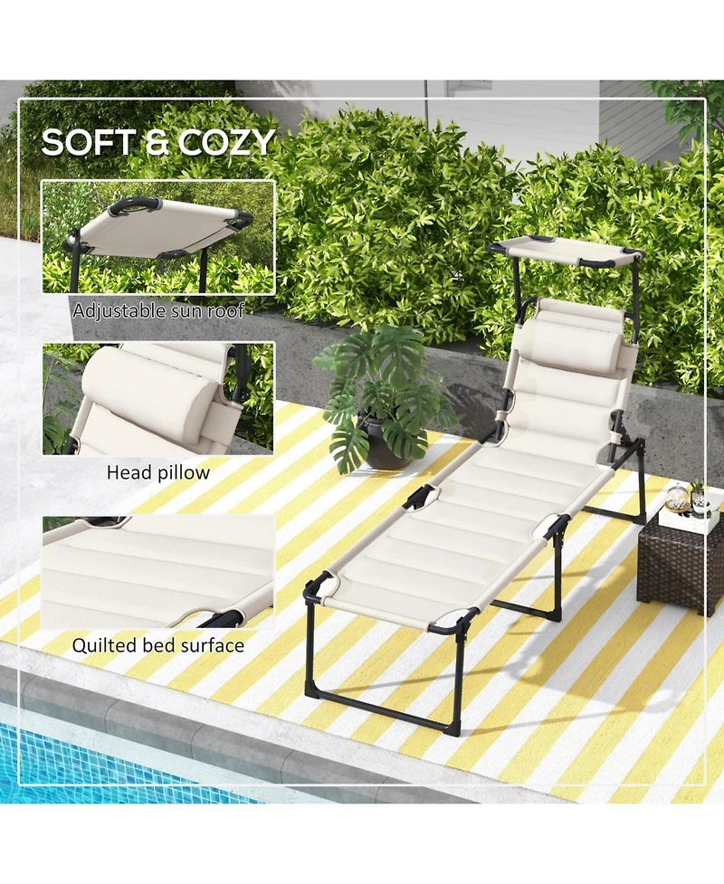ECHTPeak Outdoor Lounge Chair, Adjustable Backrest Folding Chaise Lounge, Cushioned Tanning Chair w/Sunshade Roof and Pillow Headrest