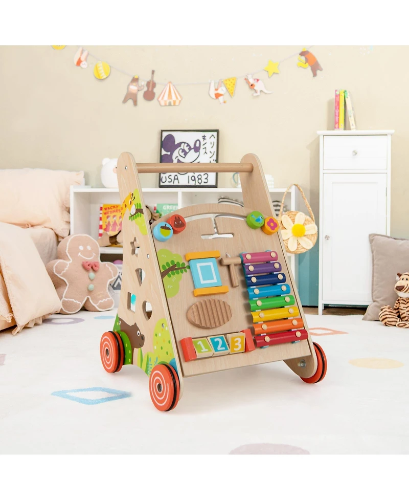 Slickblue Wooden Baby Push and Pull Walker with Storage and Sturdy Handle-Light Brown