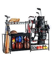 Mythinglogic Golf Bag Organizer Rack with Ball Storage, Shelf and Hooks for Garage Sports Gear