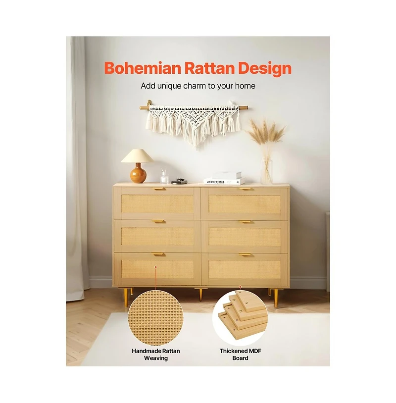 Sugift 6 Drawer Rattan Dresser Double Dresser for Bedroom Rattan Chest of Drawers with Metal