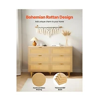 Sugift 6 Drawer Rattan Dresser Double Dresser for Bedroom Rattan Chest of Drawers with Metal