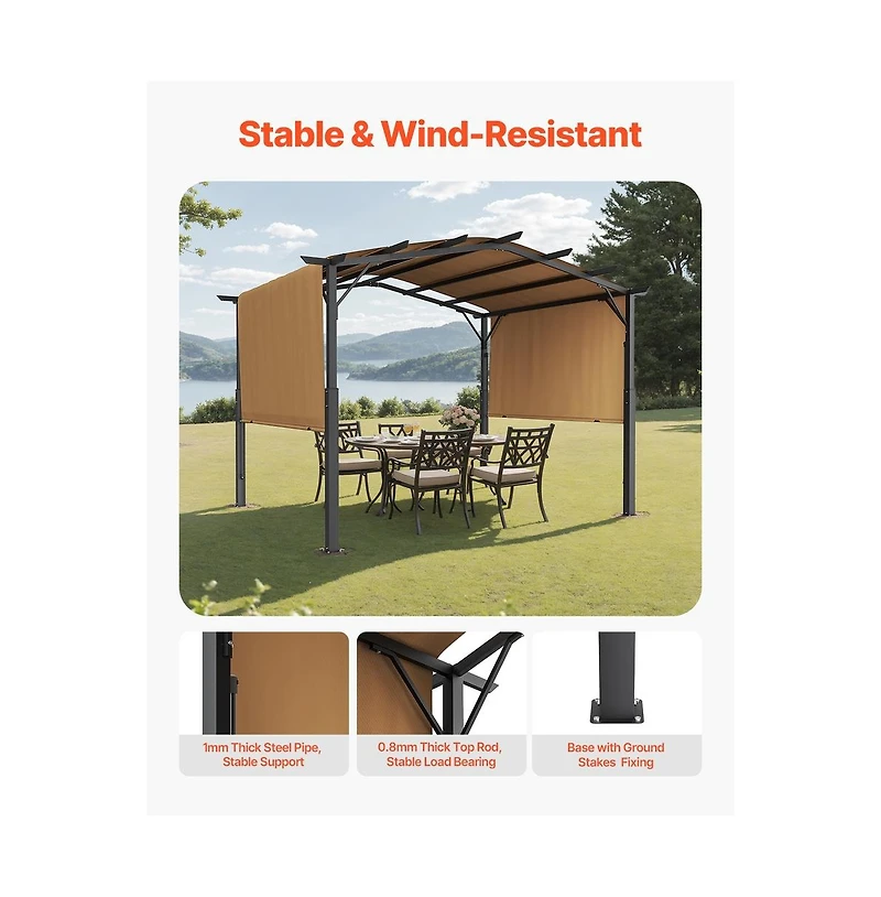 Sugift 10 x 10 ft Arched Top Metal Pergola with Retractable Sun Shade Canopy Heavy Duty Garden
