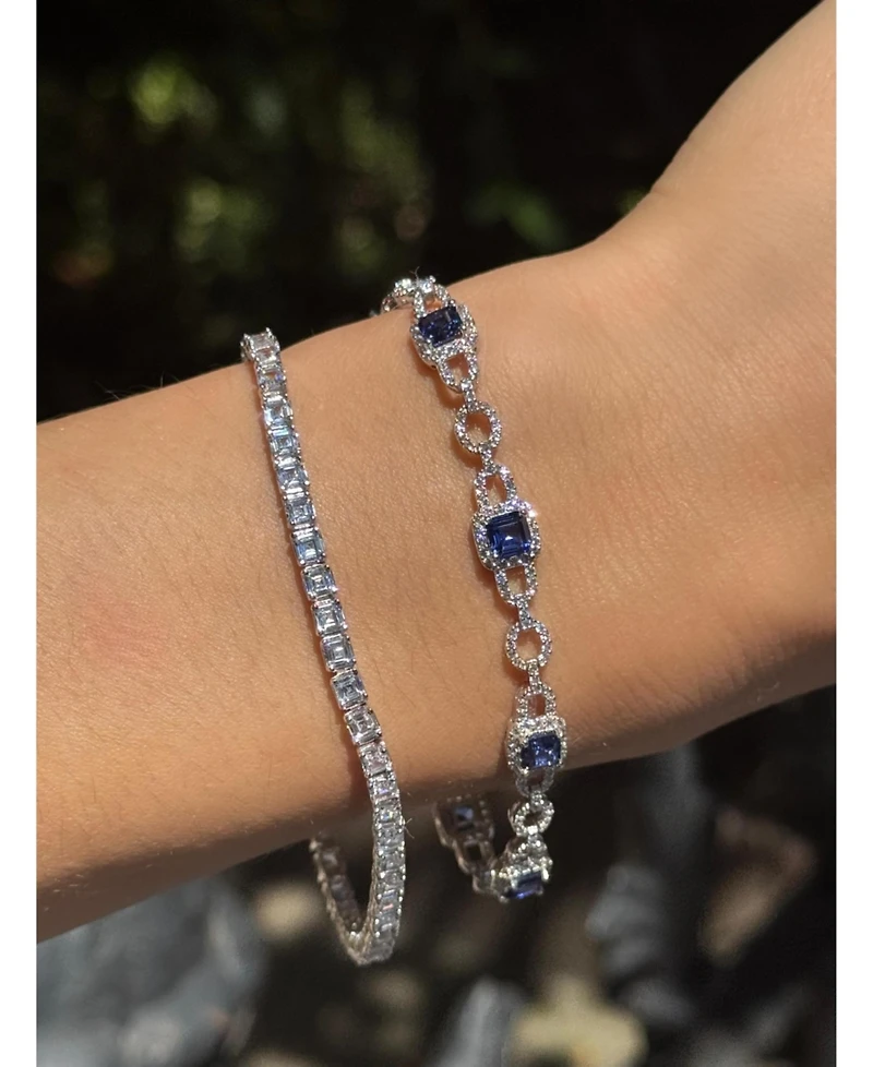 Suzy Levian Sterling Silver Sapphire & Created White Asscher-cut Pave Link Bracelet
