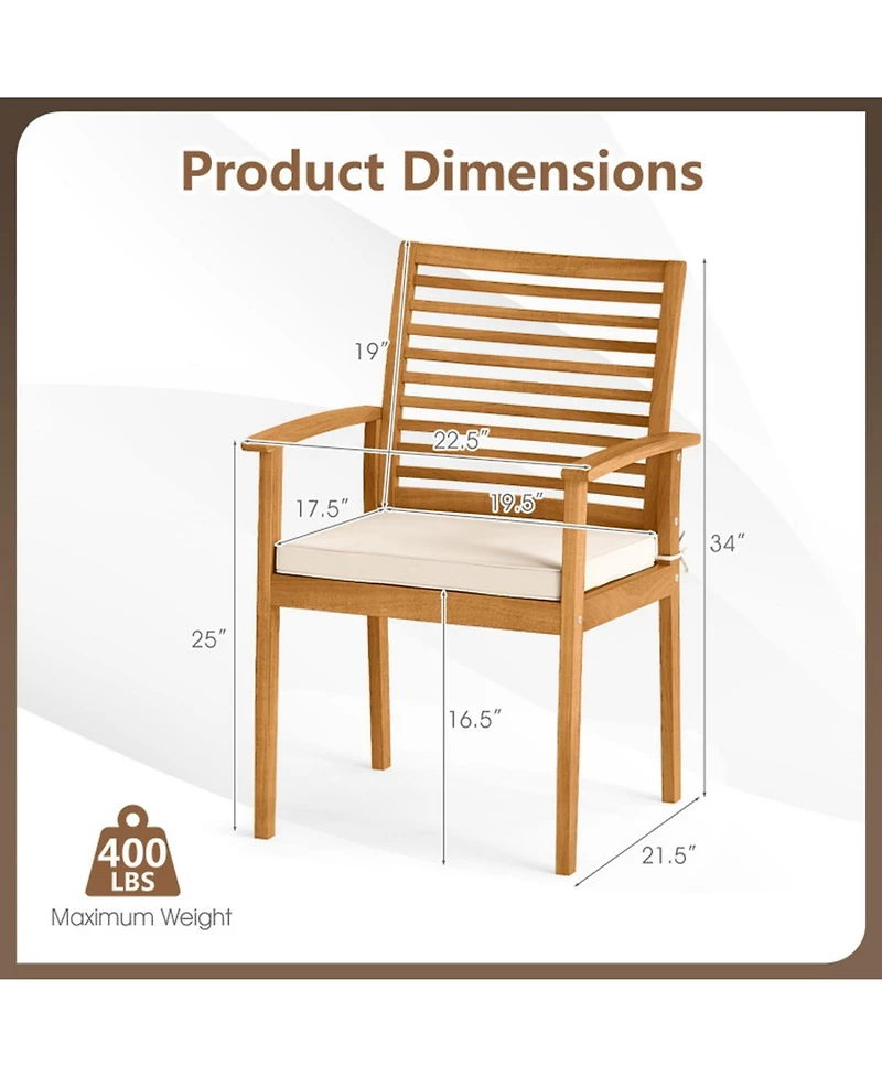 Gouun Set of 2 Acacia Wood Outdoor Patio Dining Chairs with Slatted Backrest and Padded Cushions