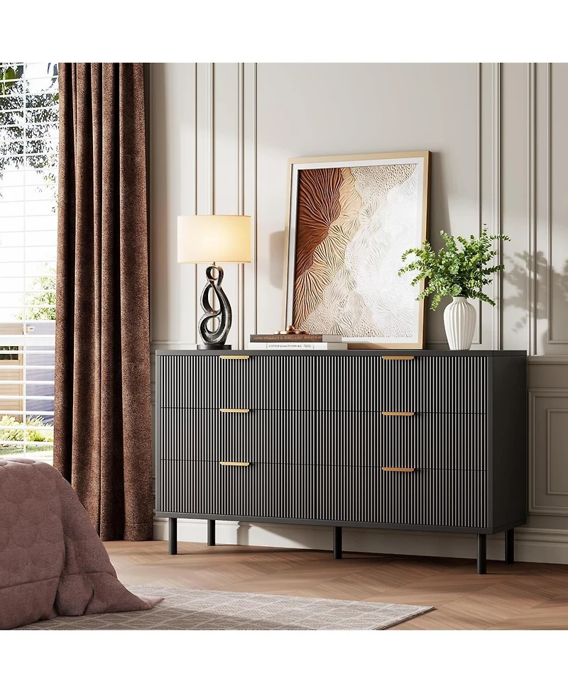 gaomon Wave Fluted 6 Drawer Dresser, Wide Wood Double Dresser with Metal Legs and Handles, Modern Chest of Drawers with Anti-Tipping Design