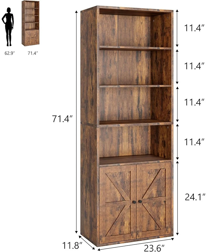 gaomon Tall Bookcase with Doors, 4-Tier Wooden Bookshelf, Floor Standing Wooden Display Bookcase with Double Doors and 4 Open Shelves, Ideal for Home