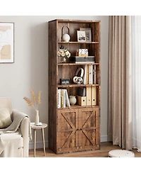 gaomon Tall Bookcase with Doors, 4-Tier Wooden Bookshelf, Floor Standing Wooden Display Bookcase with Double Doors and 4 Open Shelves, Ideal for Home