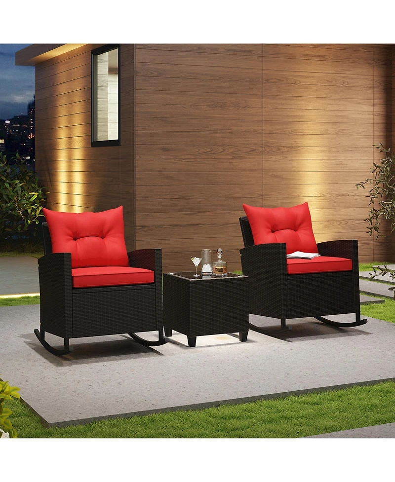Gymax Set of 3 Wicker Rocking Set w/ Tempered Glass Table Patio Outdoor