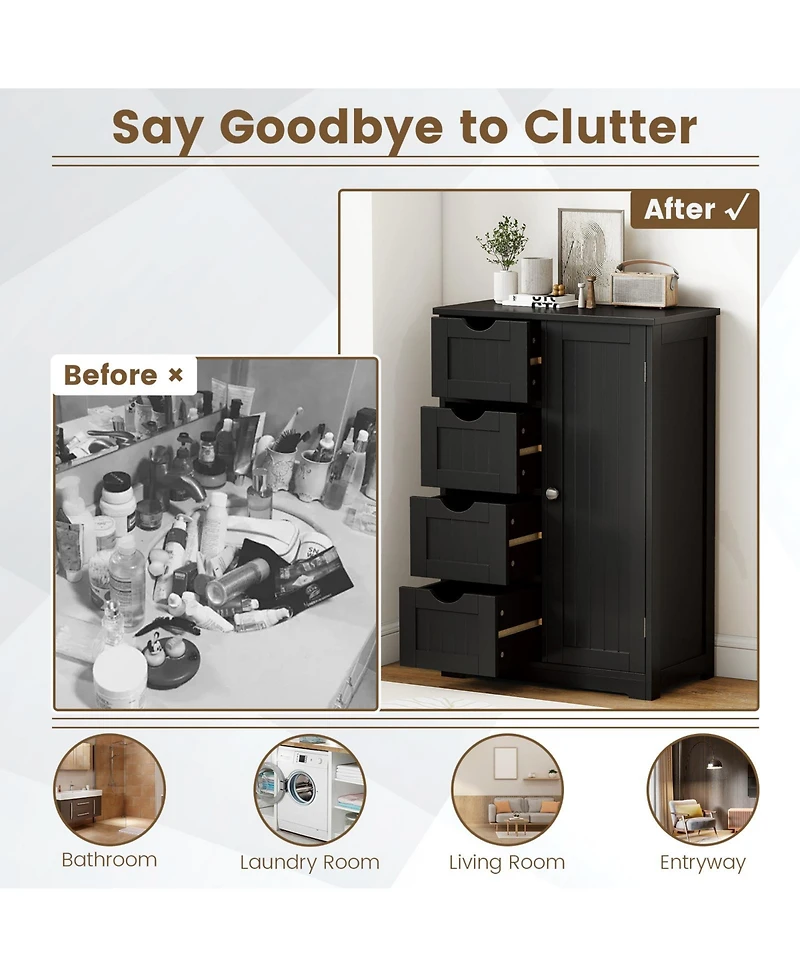 Gymax Bathroom Floor Cabinet Storage Organizer Cupboard w/ 4 Drawers Adjustable Shelf
