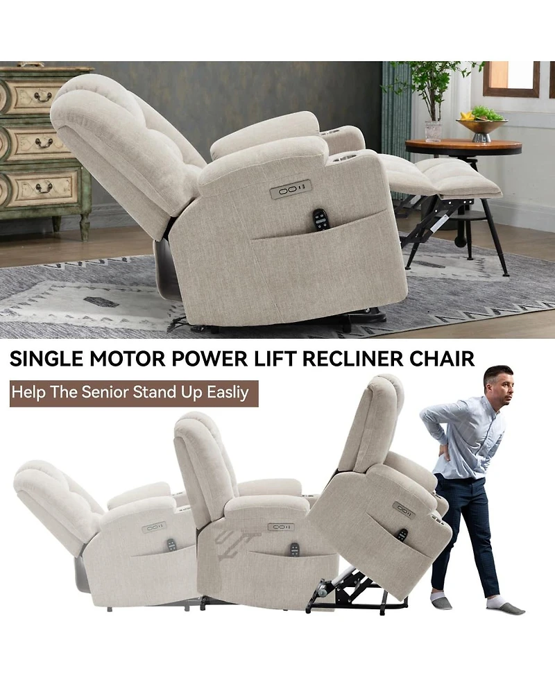 Maison Boucle Chenille Power Lift Recliner with Massage, Heat, Usb & Cup Holders, Wide Heavy-Duty Electric Chair for Seniors