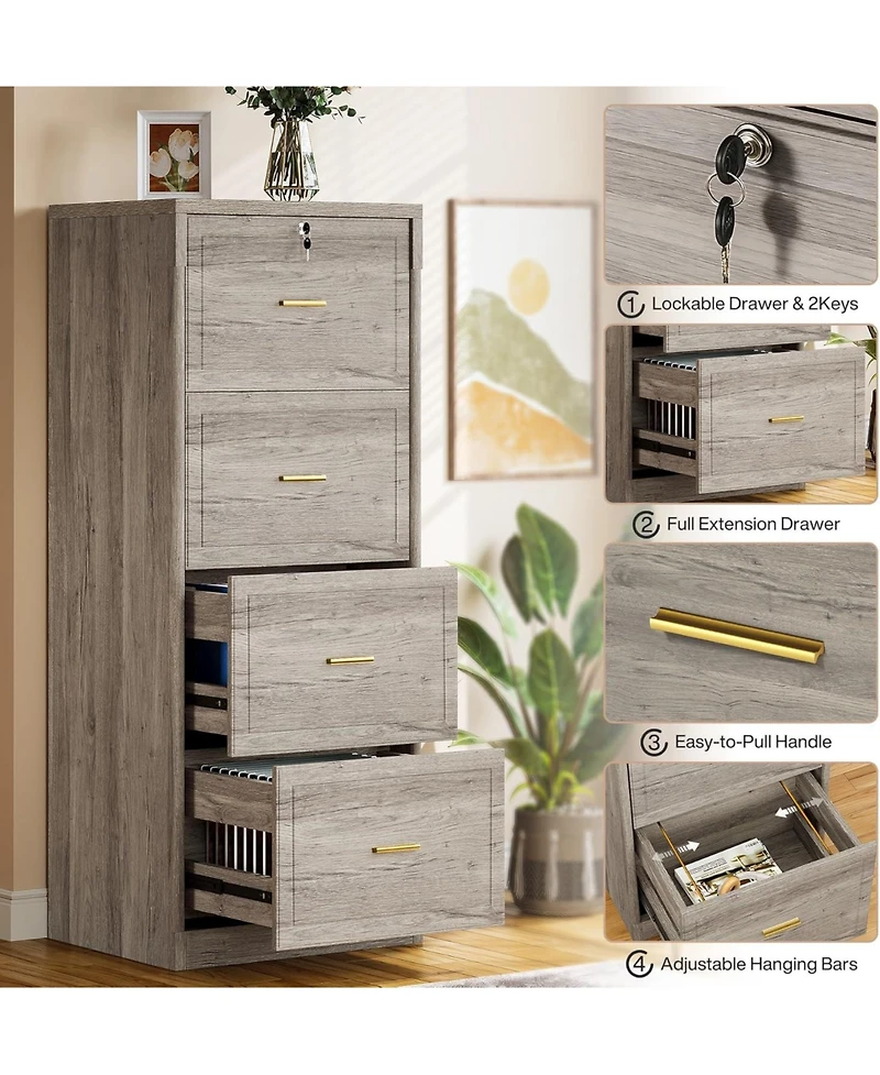 Tribesigns 4-Drawer File Cabinet, Vertical Filing Cabinet with Lock, Wood Storage Cabinet for Home Office,Locable File Cabinet for A4/F4/Letter/Legal