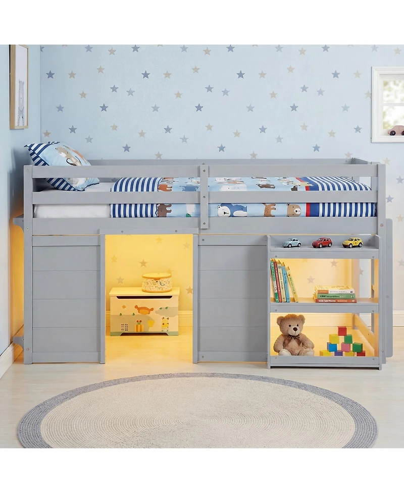 Slickblue Kids Wooden Low Loft Bed with Led Lighting and Dual Doors Storage Design