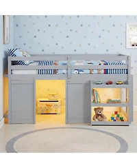Slickblue Kids Wooden Low Loft Bed with Led Lighting and Dual Doors Storage Design