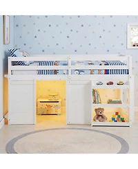 Slickblue Kids Wooden Low Loft Bed with Led Lighting and Dual Doors Storage Design