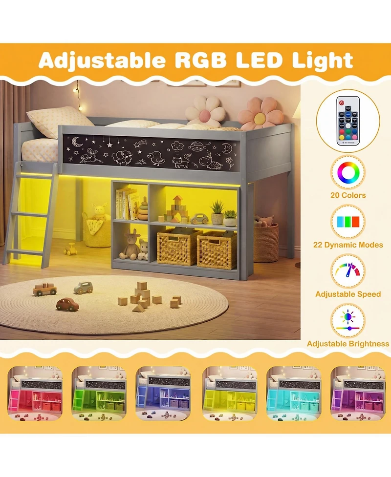 Slickblue Wooden Kids Loft Bed with Led Lighting and Detachable Bookcase Organizer