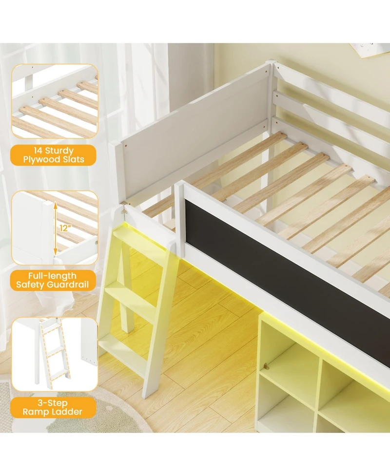 Slickblue Wooden Kids Loft Bed with Led Lighting and Detachable Bookcase Organizer