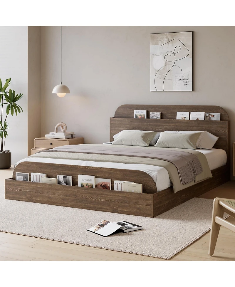 Homfan Wooden Beds with Storage Headboard and Raised-Foodboard, Twin-Floor Low Platform Bed for Bedroom