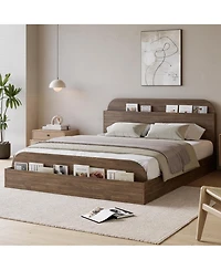 Homfan Wooden Beds with Storage Headboard and Raised-Foodboard, Twin-Floor Low Platform Bed for Bedroom