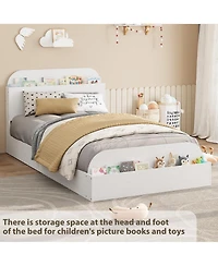Homfan Wooden Beds with Storage Headboard and Raised-Foodboard, Twin-Floor Low Platform Bed for Bedroom