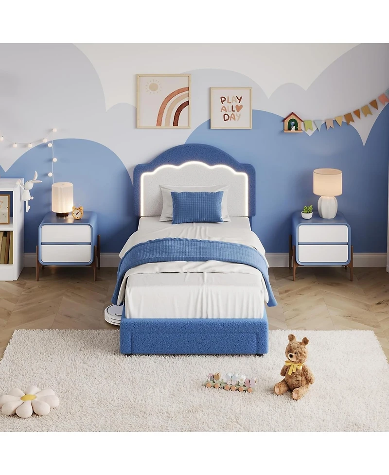 gaomon Bed Frame with Led Headboard for Kids, Sherpa Upholstered Platform Bed Frame with Storage Drawer and Wood Slat Support