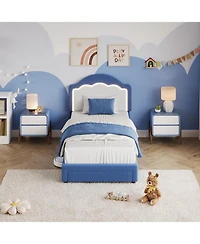 gaomon Bed Frame with Led Headboard for Kids, Sherpa Upholstered Platform Bed Frame with Storage Drawer and Wood Slat Support