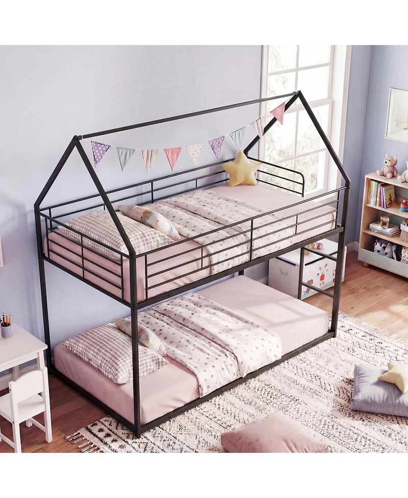 Slickblue Metal Bunk Bed with Roof Design and Ladder for Kids Small Spaces
