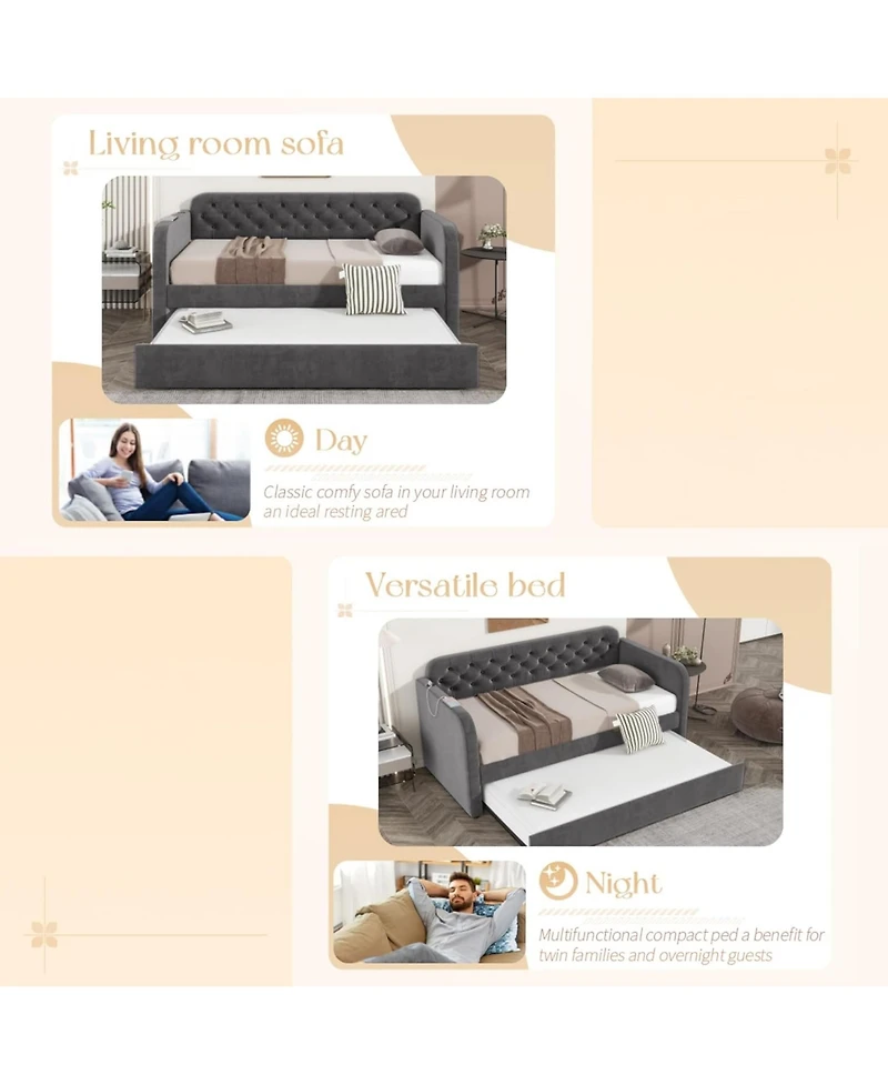 Rainsken Daybed with Trundle,Velvet Upholstered Day Bed with Usb Charging Design, No Box Spring Needed for Bedroom, Living Room