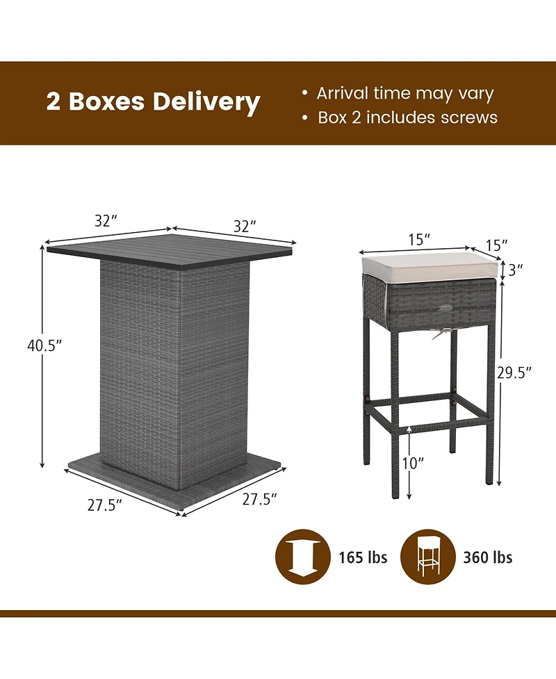 Gymax 5PCS Wicker Bar Table Set Hidden Storage Shelves Bar Table Stools Patio