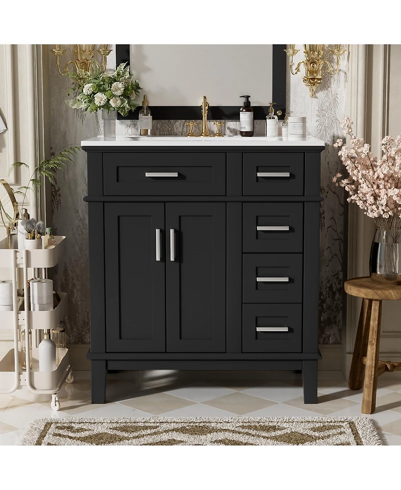 30 Inch Bathroom Vanity with Ceramic Sink Modern Storage Cabinet Soft Close Doors Deep and Standard Drawers Stylish for Small Bathrooms