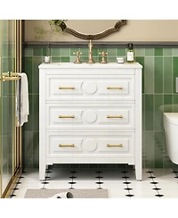 Busdays 30 Inch Bathroom Vanity with Ceramic Sink Freestanding Single Vanity 3 Drawers Solid Wood Frame Storage Cabinet