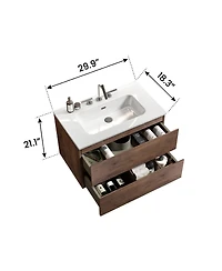 Busdays 30 Inch Wall Mount Walnut Bathroom Vanity with Ceramic Sink 3 Faucet Holes Large Floating Storage One Piece Basin Pre Assembled