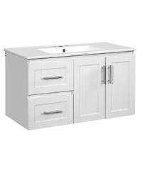 Sillysis 36 Inch Wall Mounted Bathroom Vanity with Ceramic Sink, Soft Close Drawers and Adjustable Shelf for Modern Small Spaces