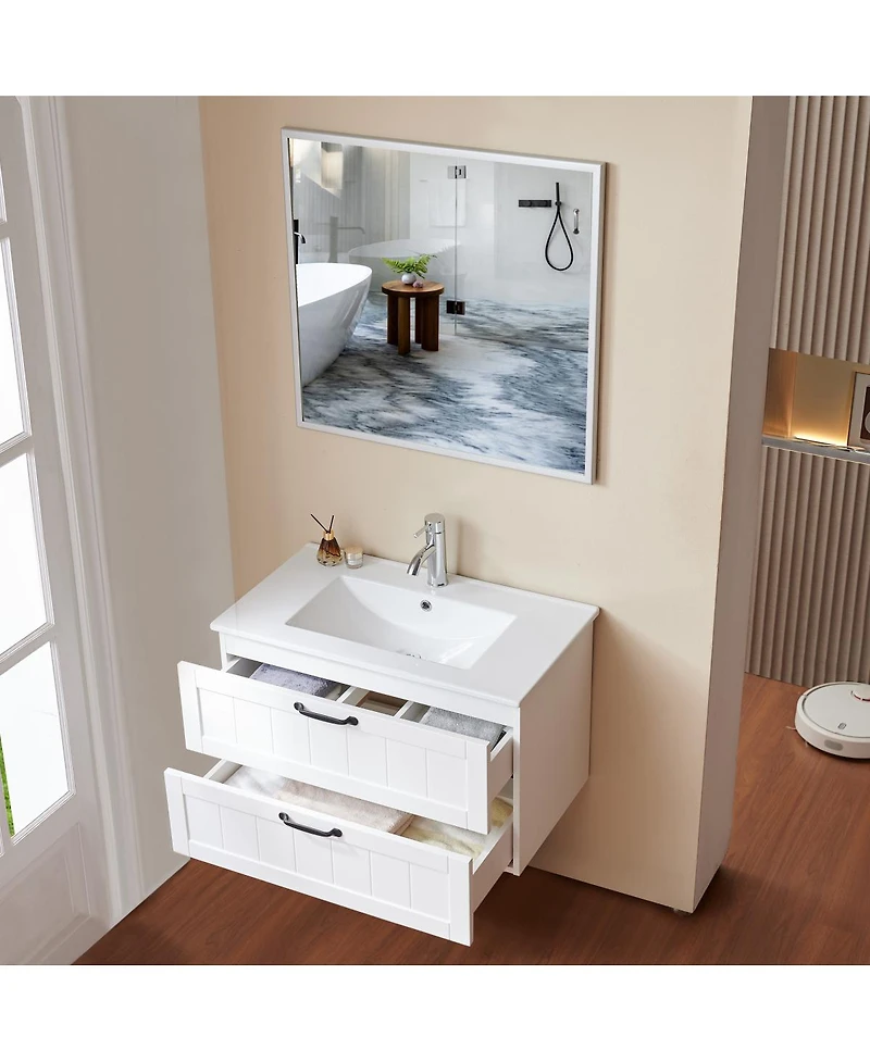 Sillysis 31.5 Inch Wall Mounted Bathroom Vanity with Sink and Mirror, Modern White Floating Solid Wood Cabinet, Soft Close Drawers