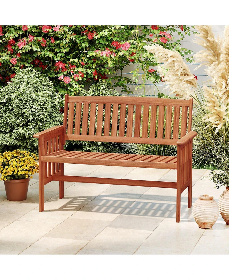 Gymax Outdoor Wood Garden Bench Backrest Armrests and Slatted Seat for Front Porch