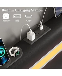 Rainsken Upholstered Full Size Platform Bed Frame, with Led Light and Charging Station, Noise Free, Wingback Design, No Box Spring Needed